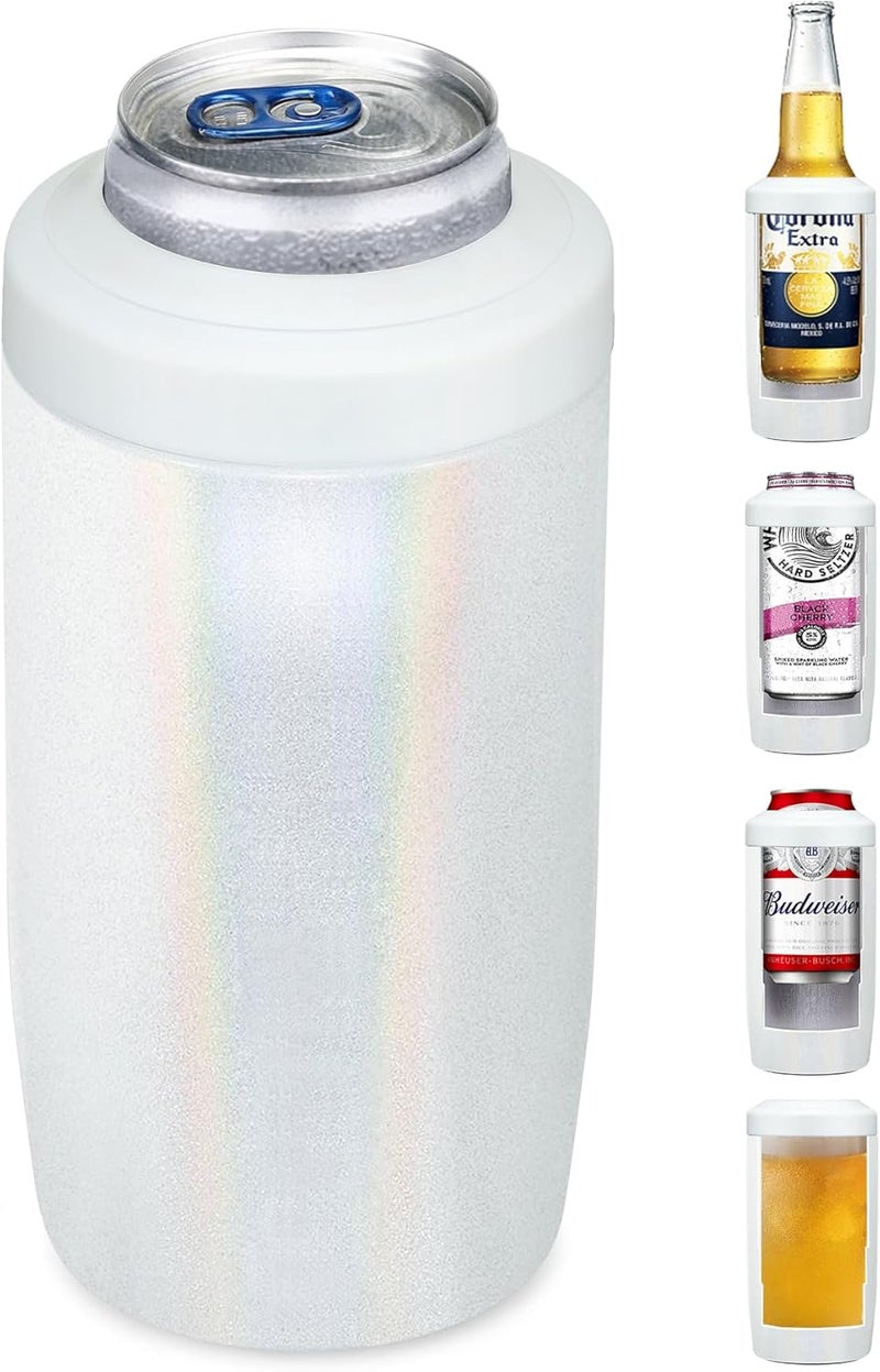 Max&So Slim Can Cooler, 4-in-1 Double Walled Stainless Steel Insulated Beer Can Holder, Works With All 12 Oz Cans,Bottles & As A Pint Cups - Glitter White - Image 1